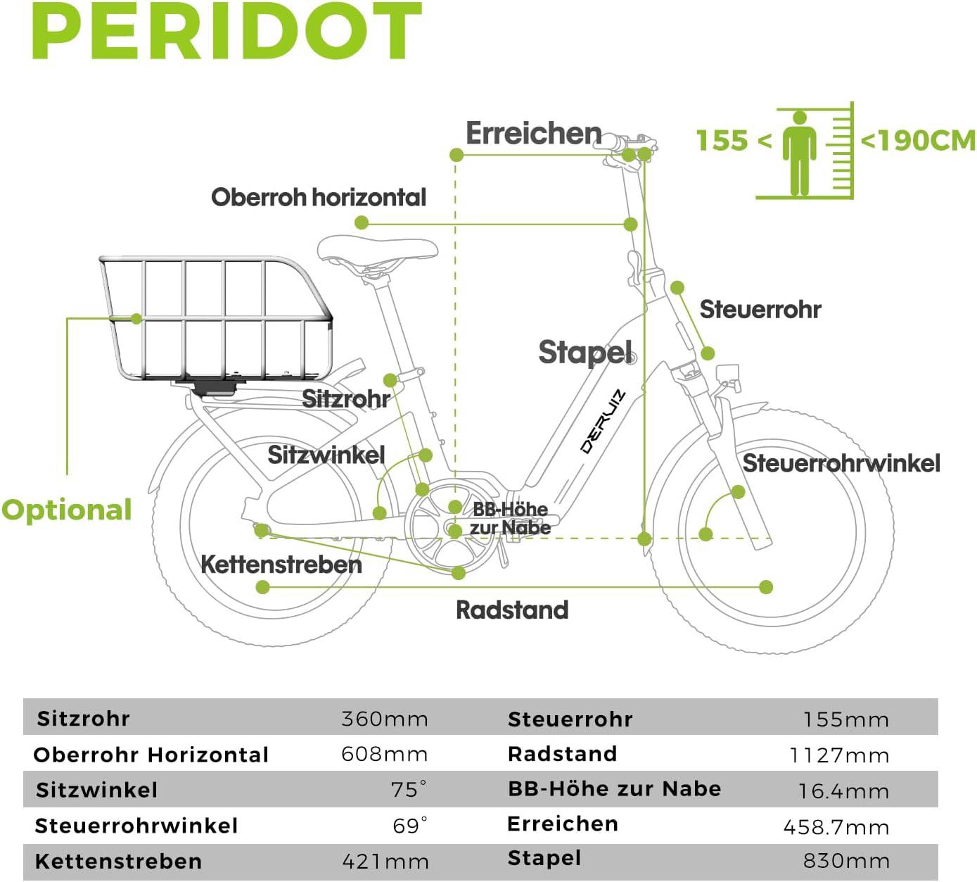 DERUIZ Peridot 2025 E-Bike WS 20" 36cm/500Wh/120kg 120km Klapprad