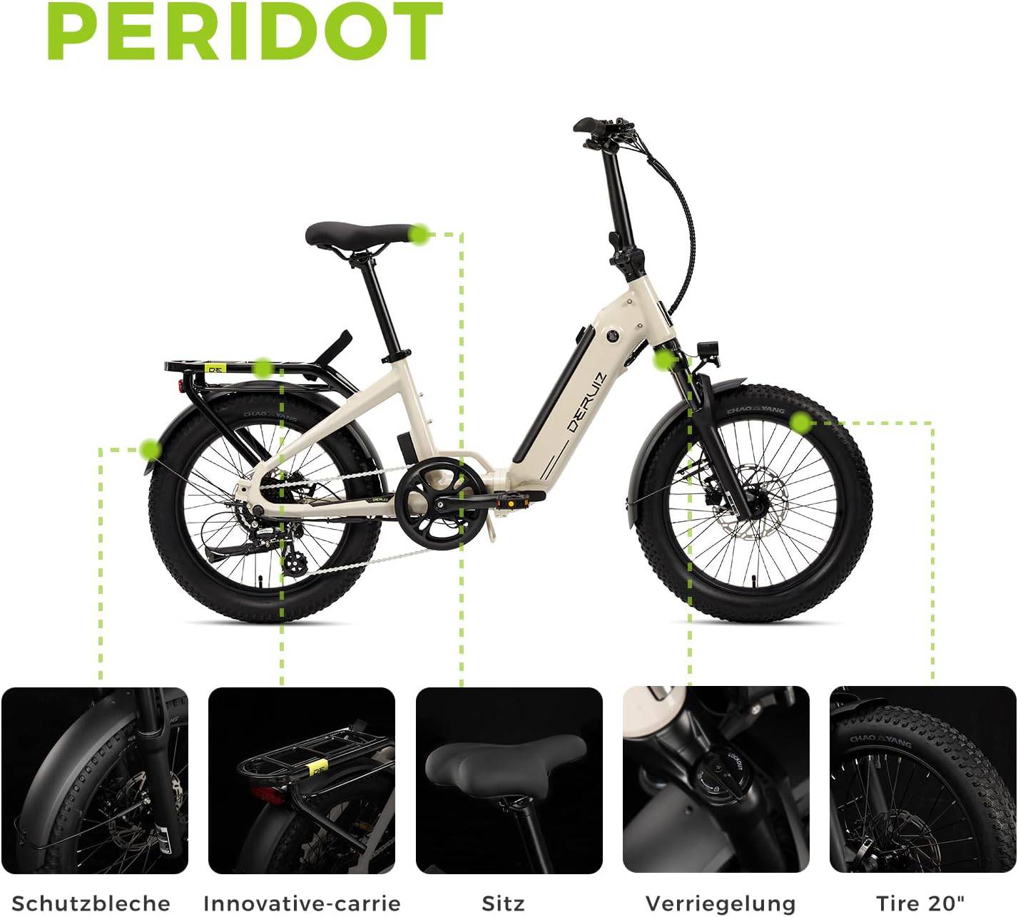 DERUIZ Peridot 2025 E-Bike WS 20" 36cm/500Wh/120kg 120km Klapprad
