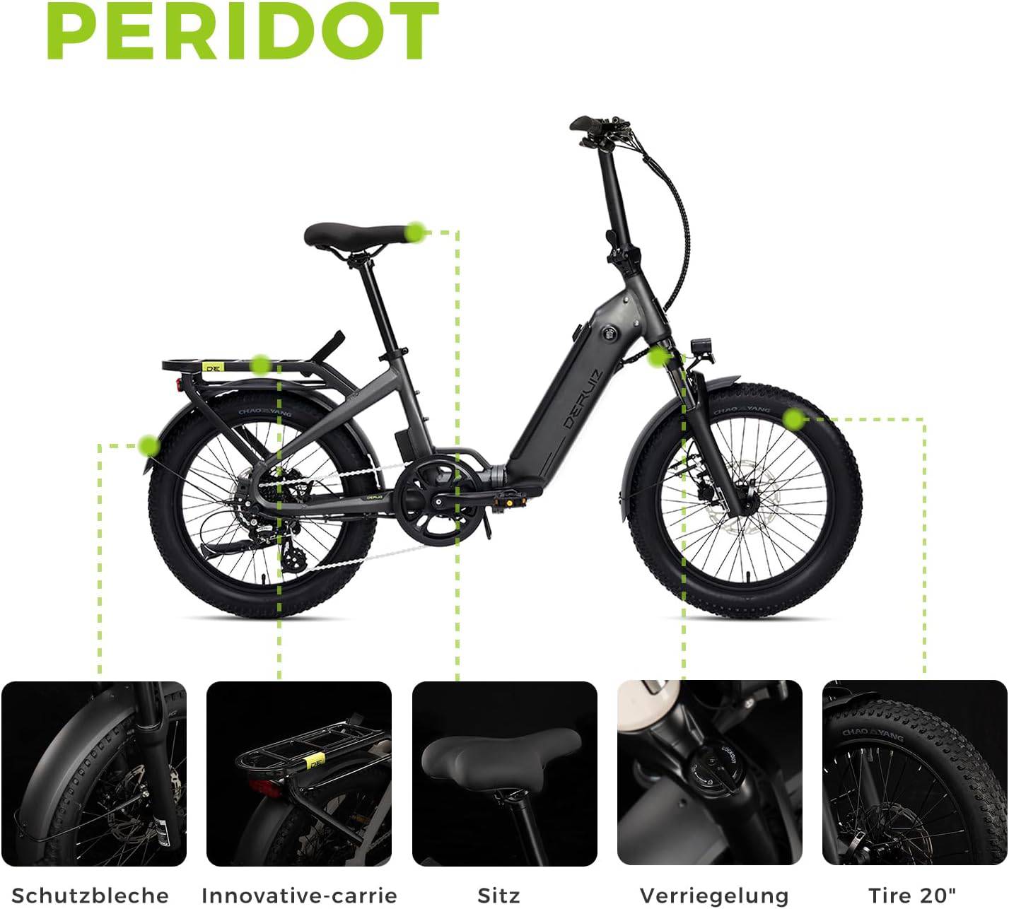 DERUIZ Peridot 2025 E-Bike GR 20" 36cm/500Wh/120kg 120km Klapprad