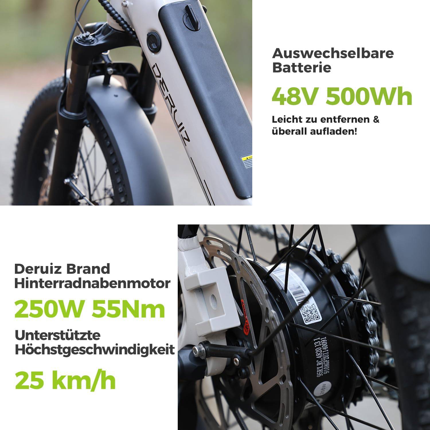 DERUIZ Peridot 2025 E-Bike WS 20" 36cm/500Wh/120kg 120km Klapprad