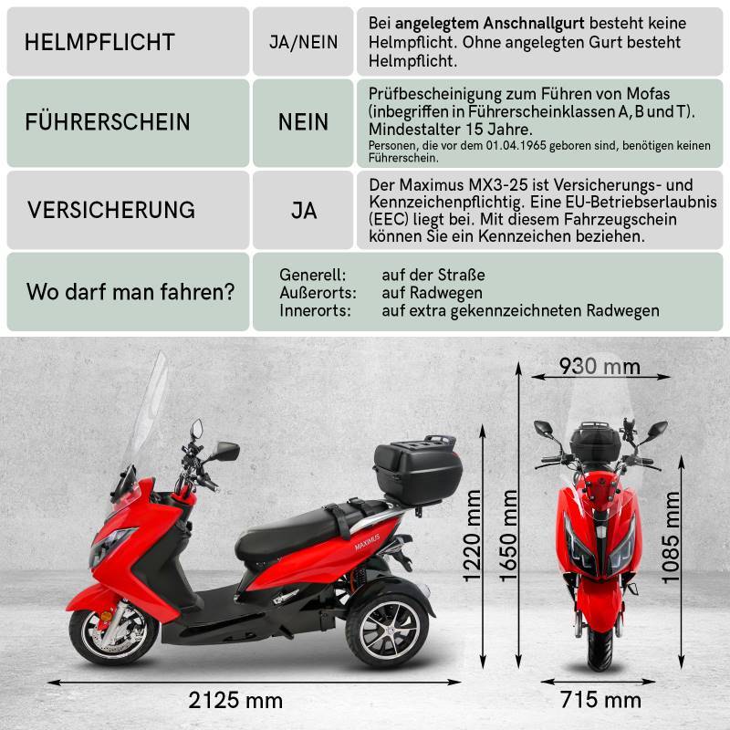 Rolektro Maximus MX3-25 Li-Io 25kmh/1500W/32,5Ah/70km RT E-Roller