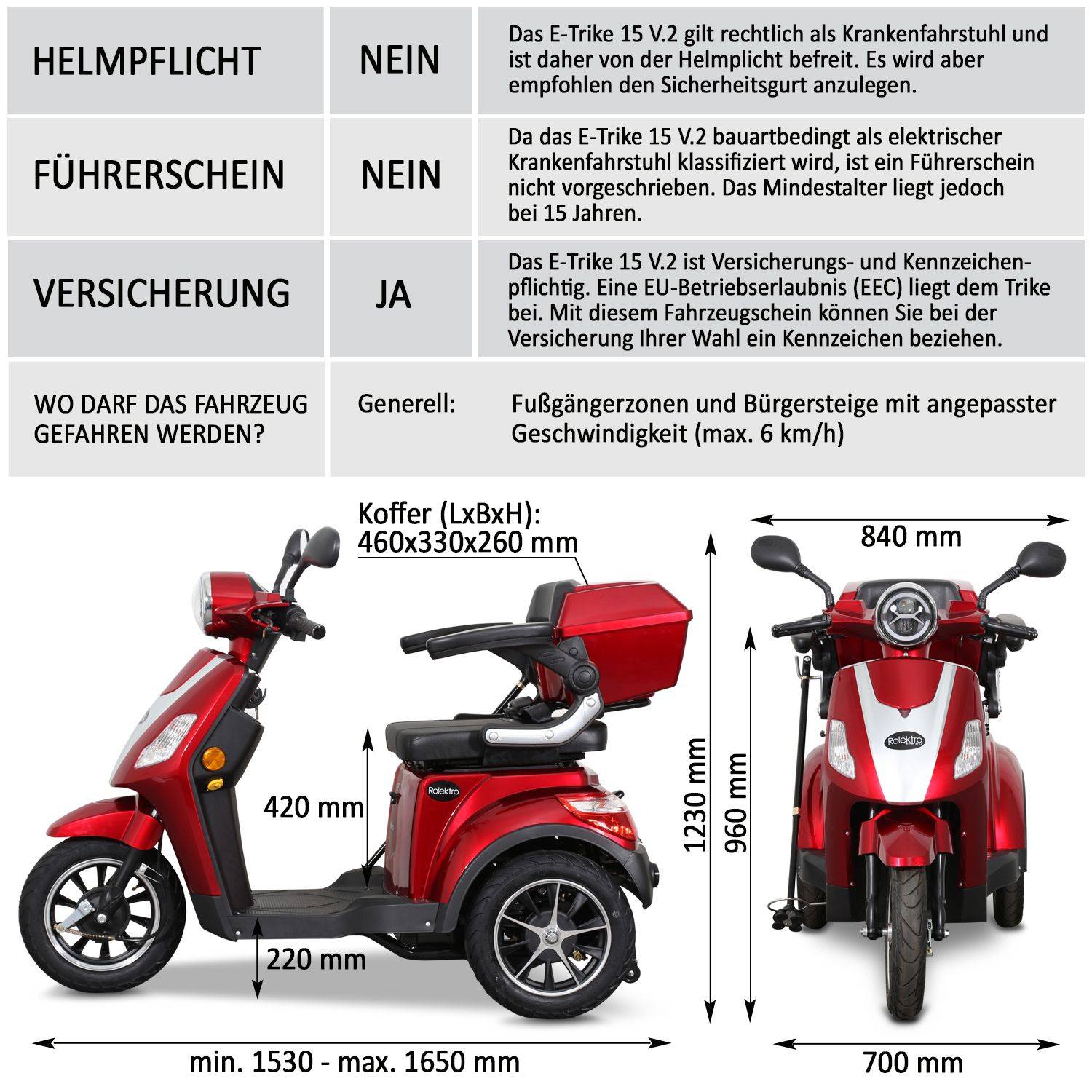 Rolektro E-Trike 15 V.3 Li-Io 15kmh/1000W/30Ah RT Seniorenmobil