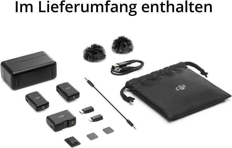 DJI Mic (2 Sender + 1 Empfänger + Ladeschale), Lavalier-Funkmikrofon, 250 m Reichweite, 15 Stunden